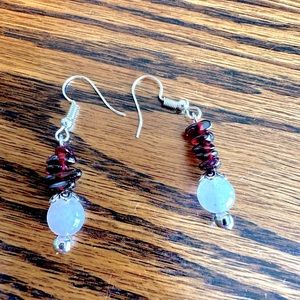 Handcrafted genuine garnet and rosé quartz earrings. Made from Garnet chip stone